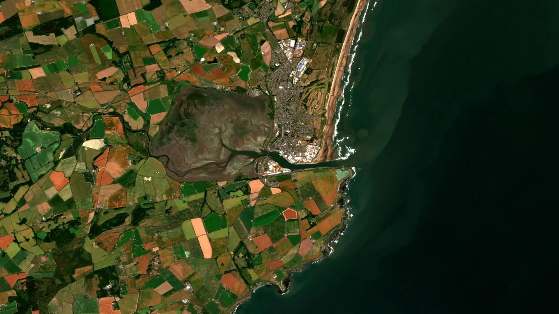 Sentinel-2 image of Montrose on the Angus coast, with the mud and channels of its tidal basin, patchwork fields, and the North Sea to the east.