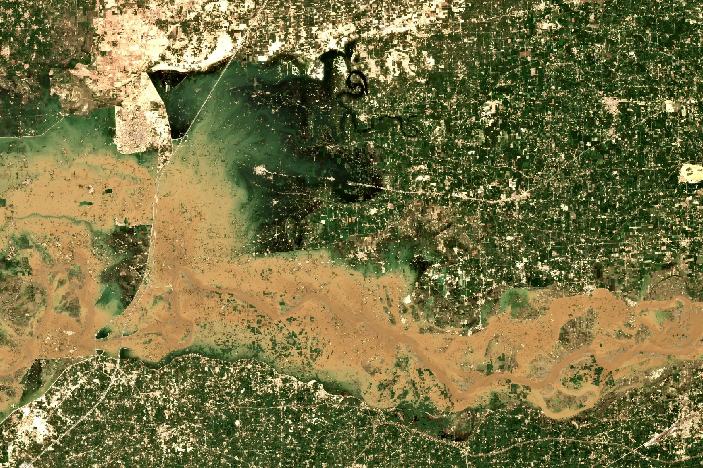 Satellite view of a river in flood across farmland in Punjab, Pakistan, with brown floodwater spreading over the fields