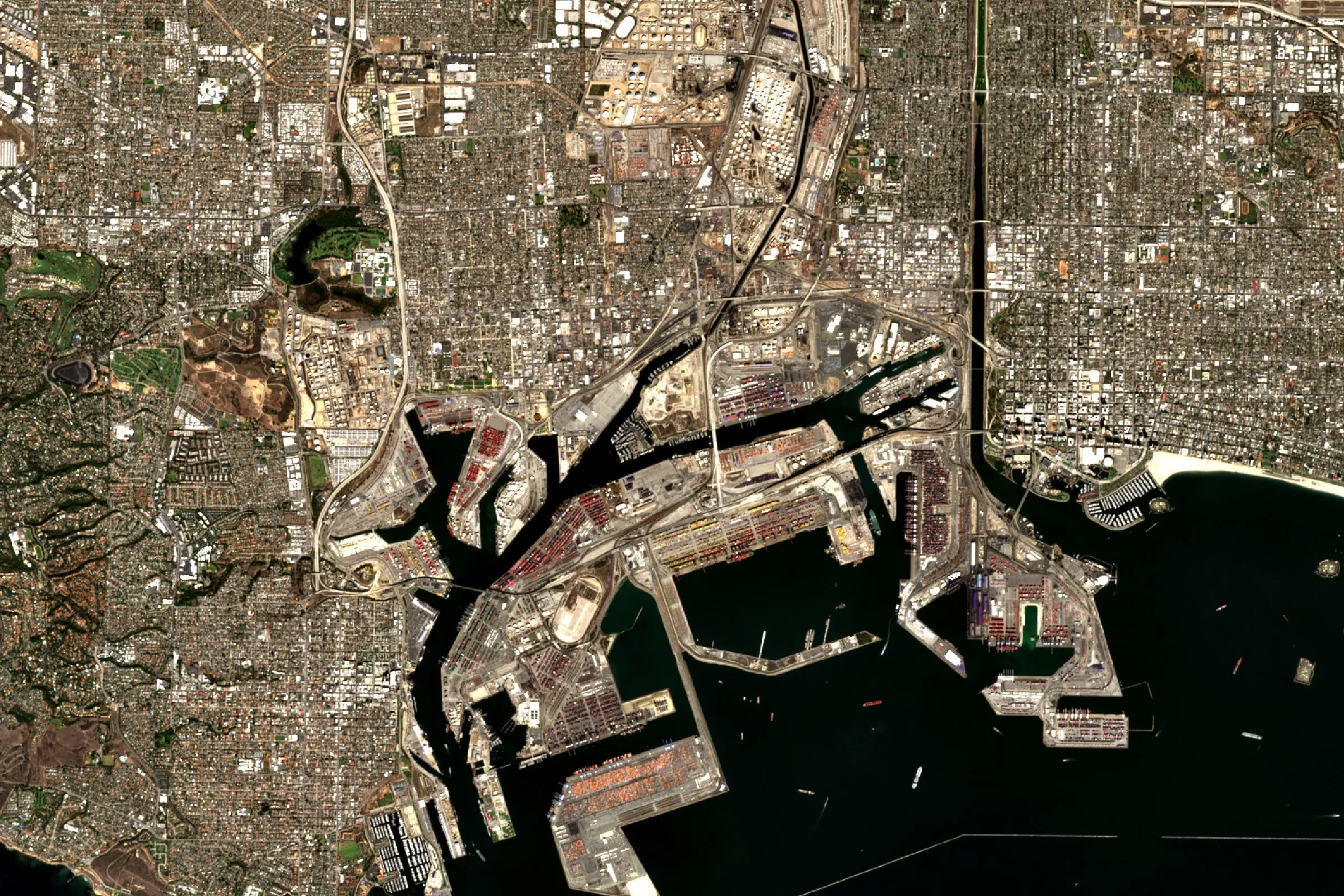 Satellite view of the container terminals at the Port of Los Angeles and Port of Long Beach