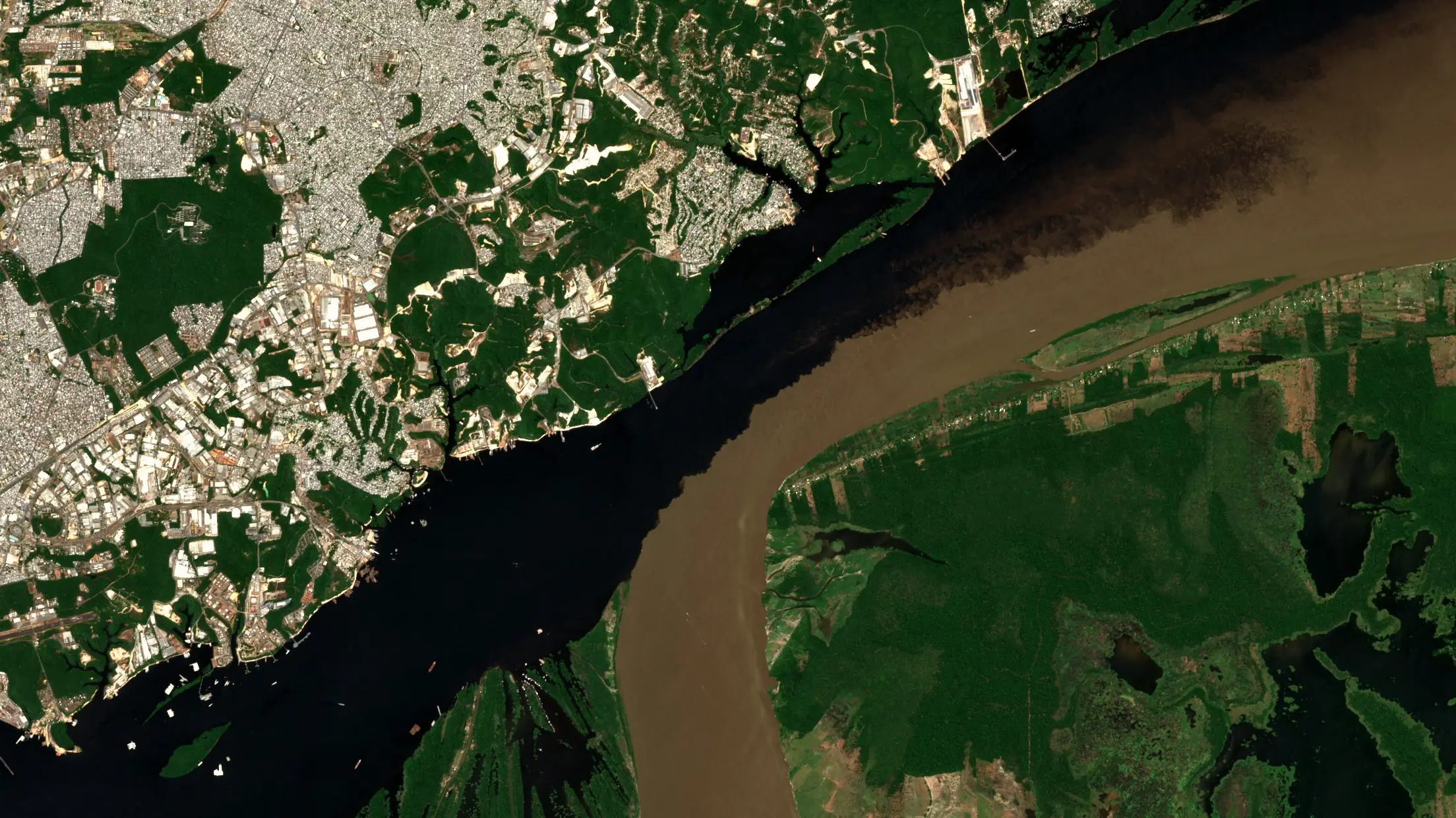 Sentinel-2 image of the dark water of the Rio Negro meeting the pale brown Solimões at Manaus, the two flowing side by side without mixing, with the city on the north bank and forest and floodplain to the south. The meeting of the waters at Manaus, Brazil, 26 August 2026